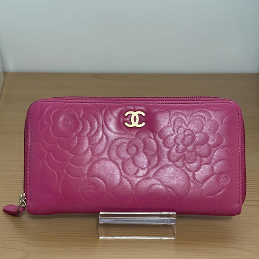 Chanel Pink Camellia Embossed Caviar Leather Zip Around