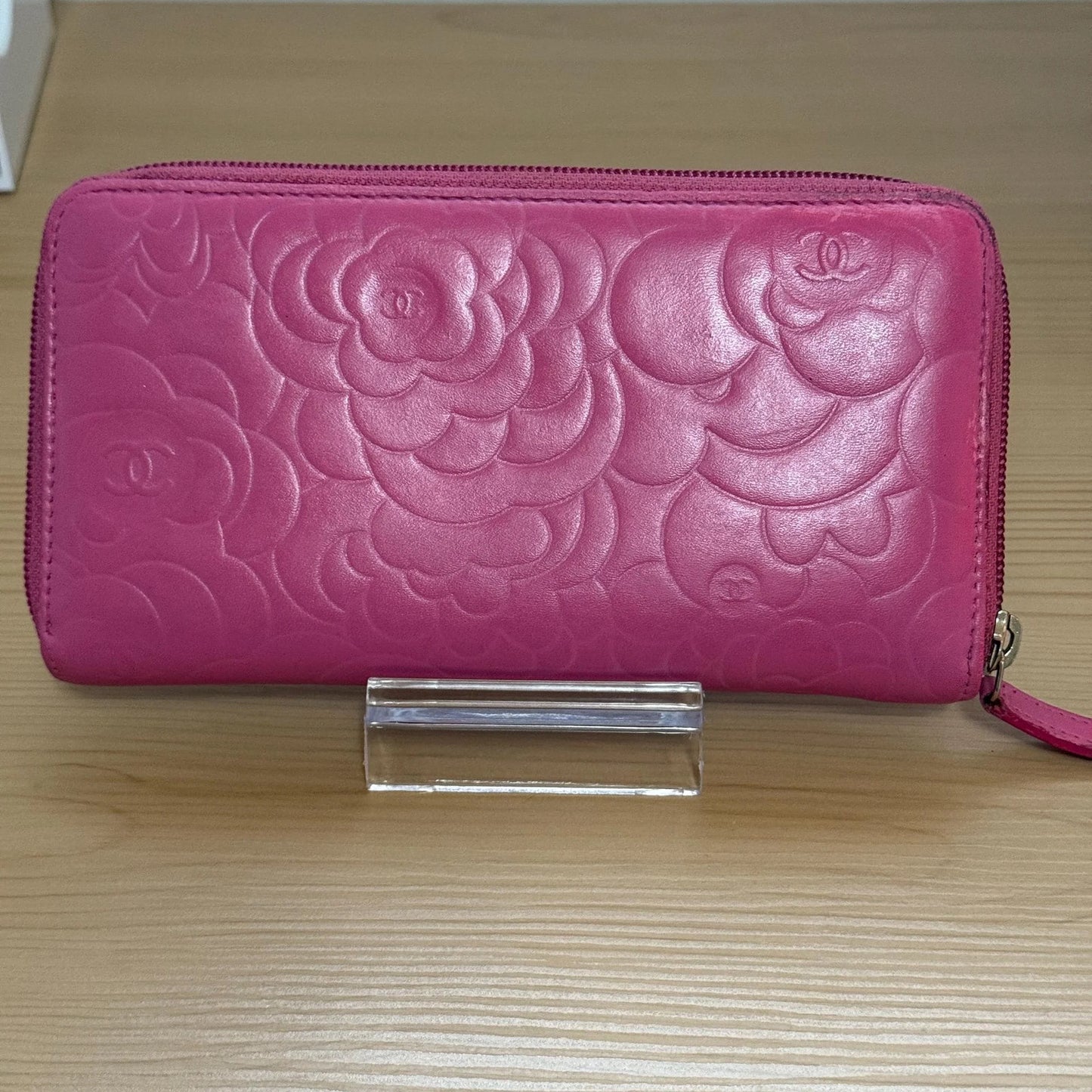 Chanel Pink Camellia Embossed Caviar Leather Zip Around