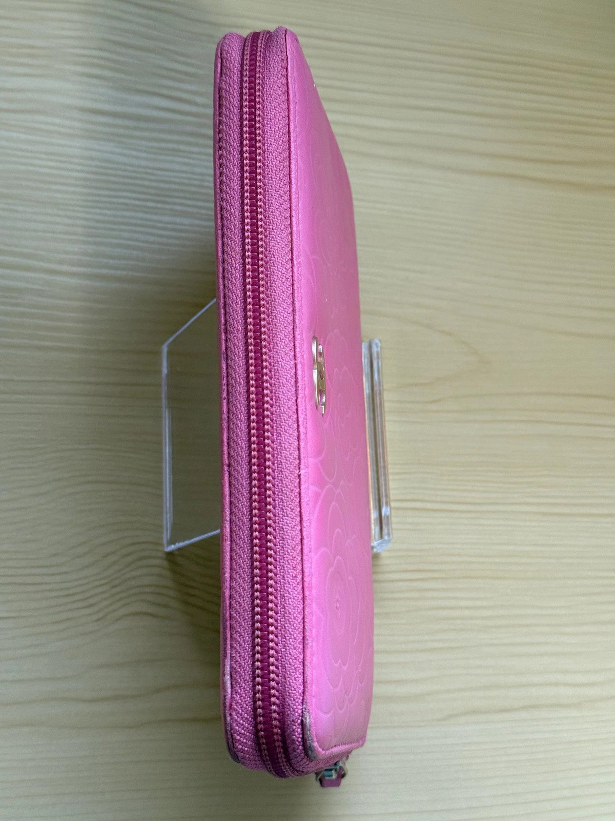 Chanel Pink Camellia Embossed Caviar Leather Zip Around