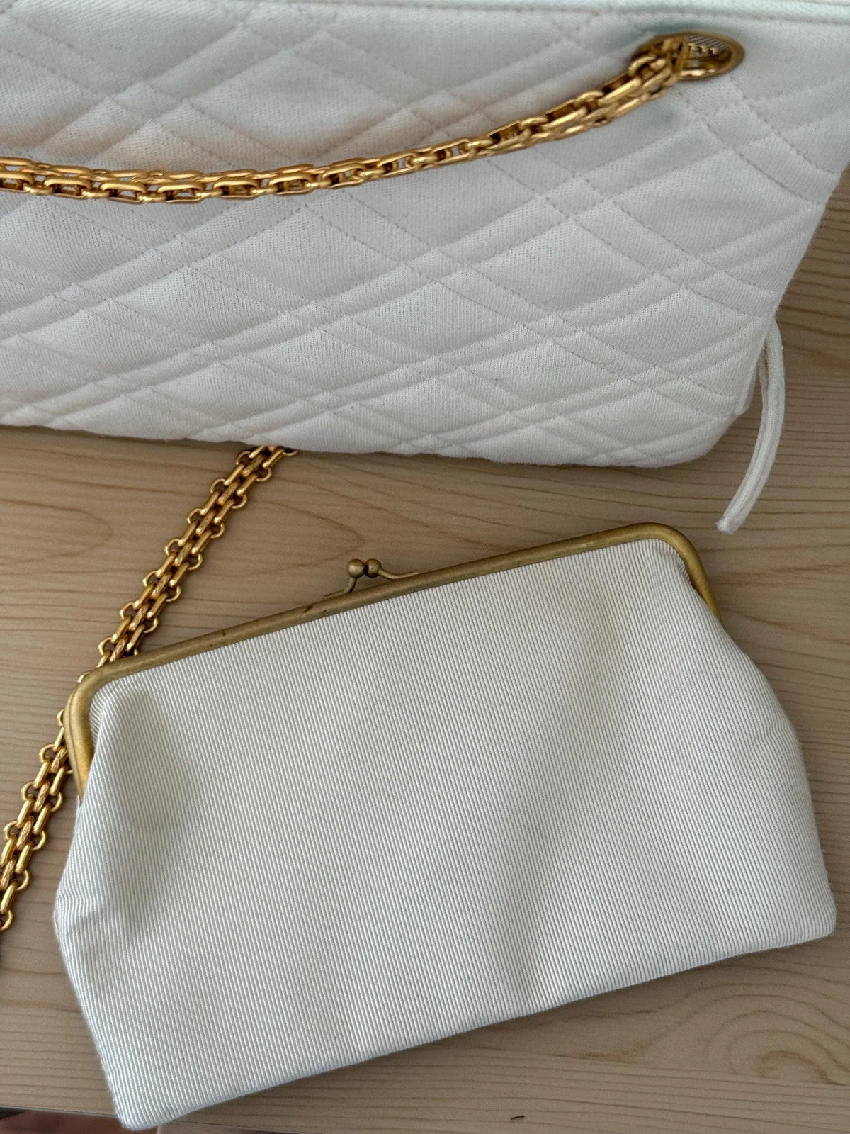 Chanel Mademoiselle Bijoux Chain Cream Cloth Shoulder Bag