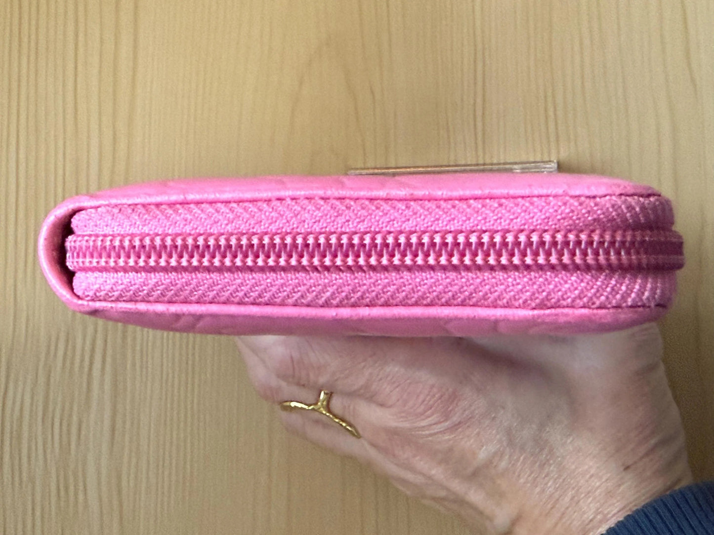 Chanel Pink Camellia Embossed Caviar Leather Zip Around