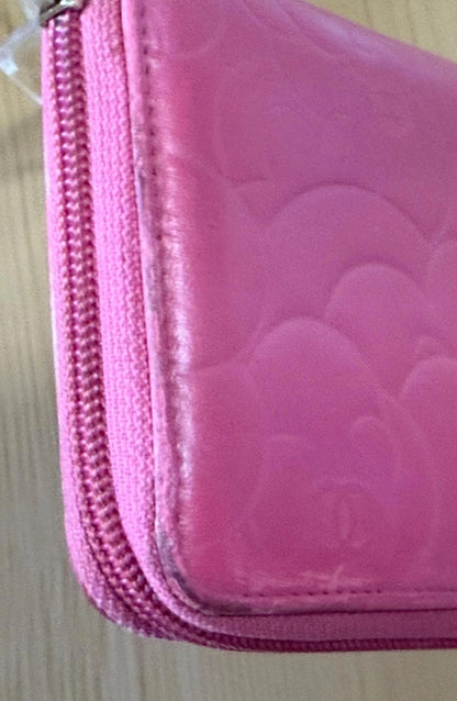 Chanel Pink Camellia Embossed Caviar Leather Zip Around