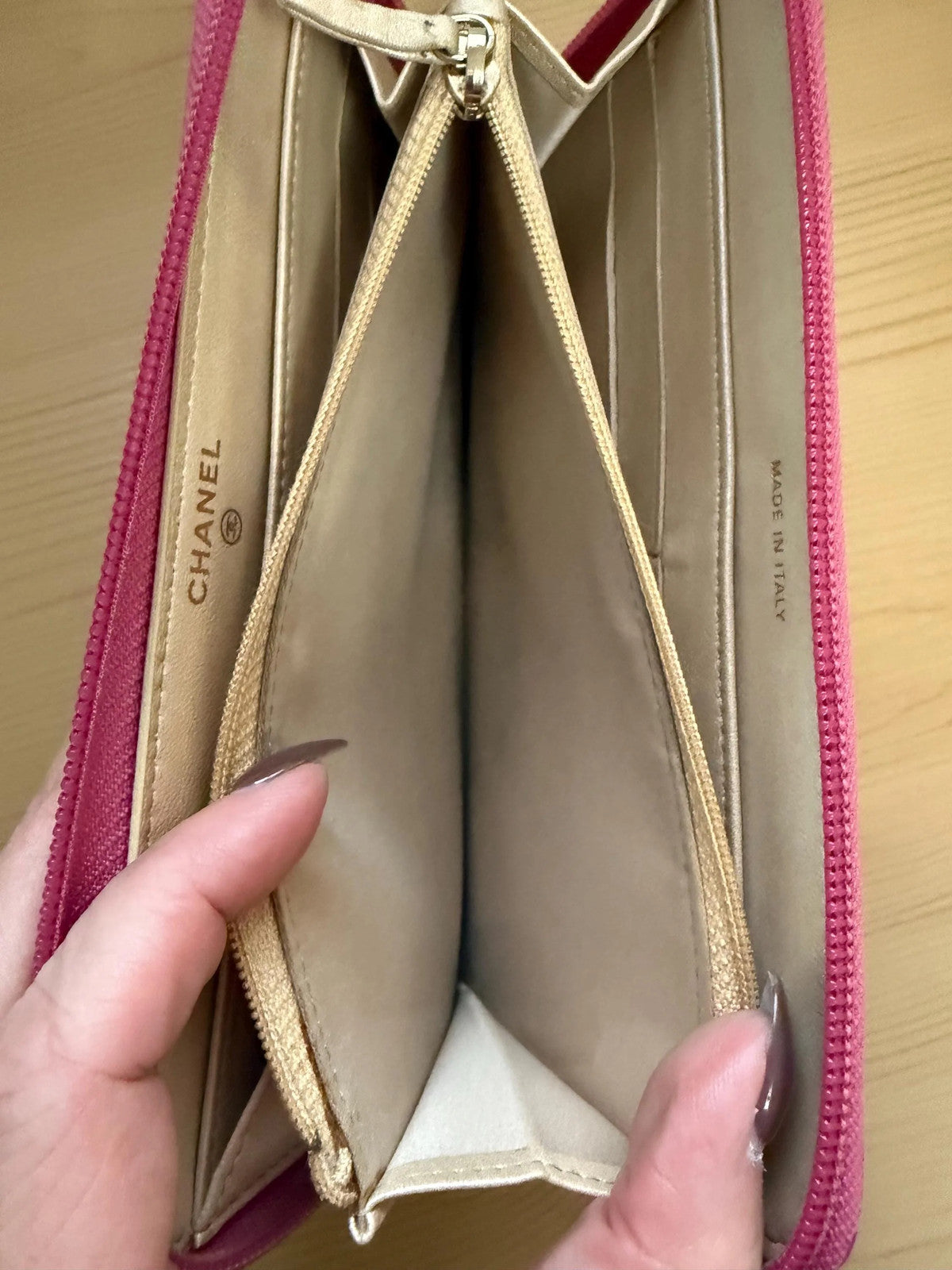 Chanel Pink Camellia Embossed Caviar Leather Zip Around