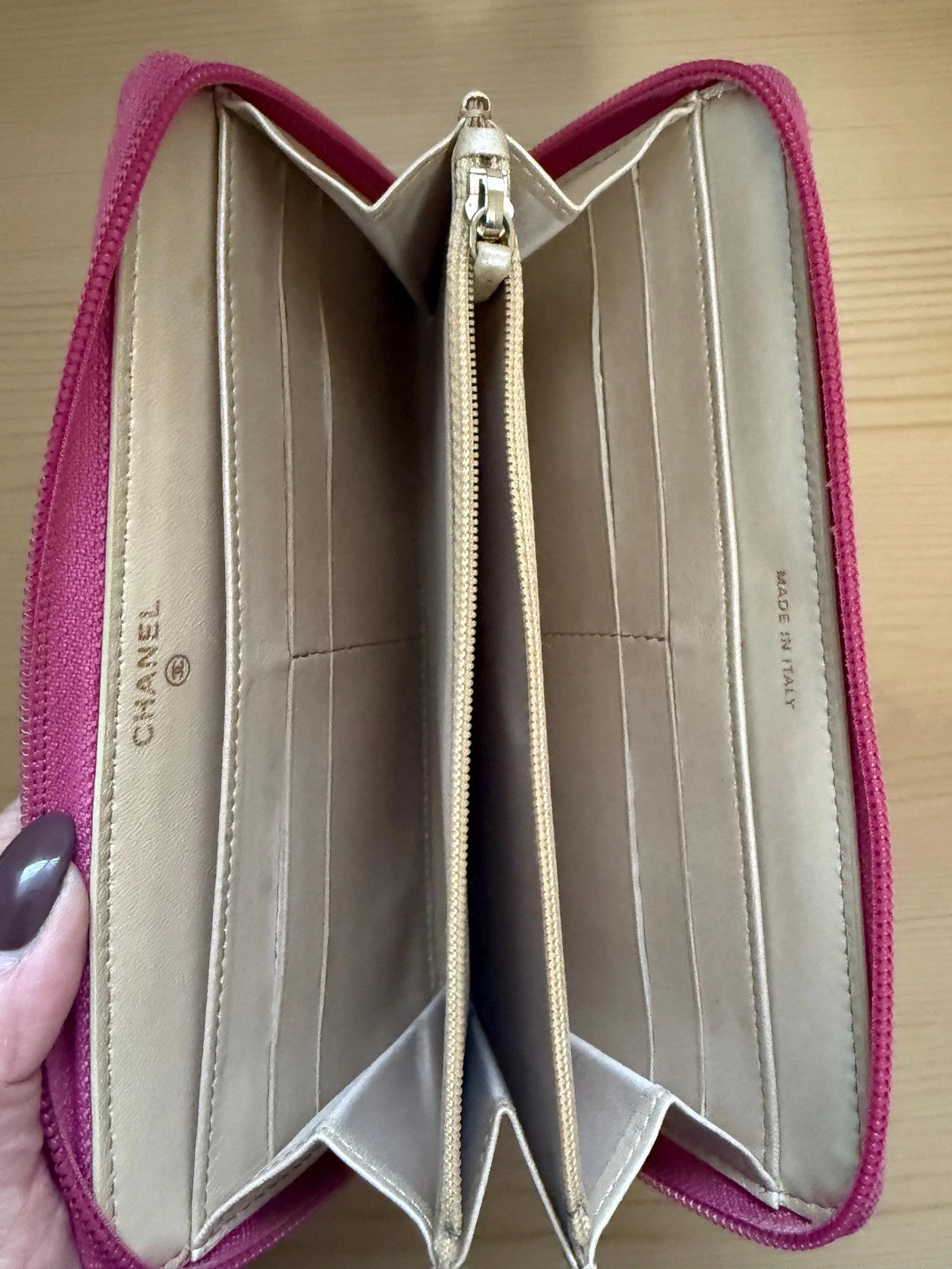 Chanel Pink Camellia Embossed Caviar Leather Zip Around