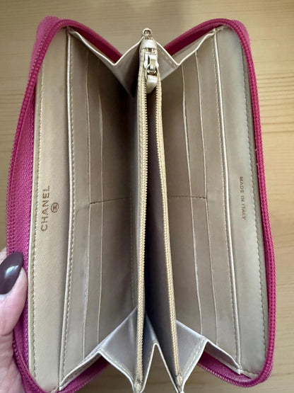 Chanel Pink Camellia Embossed Caviar Leather Zip Around