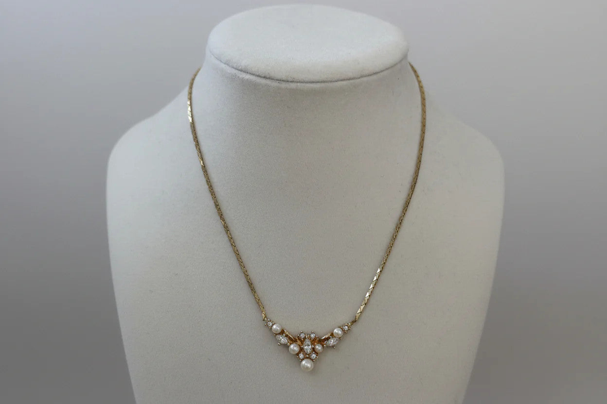 Christian Dior Vintage Faux Pearl and Rhinestone Cluster Necklace