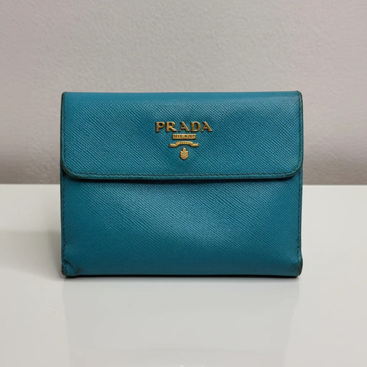 Prada Aqua Blue Saffiano Leather Flap Card Holder