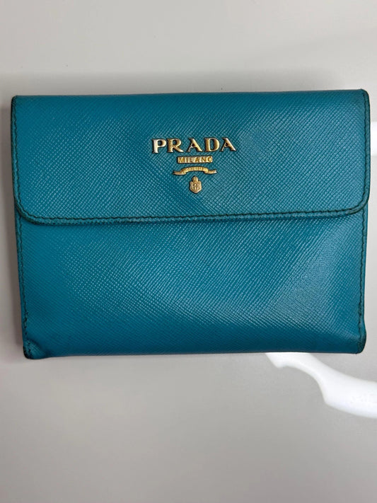 Prada Aqua Blue Saffiano Leather Flap Card Holder