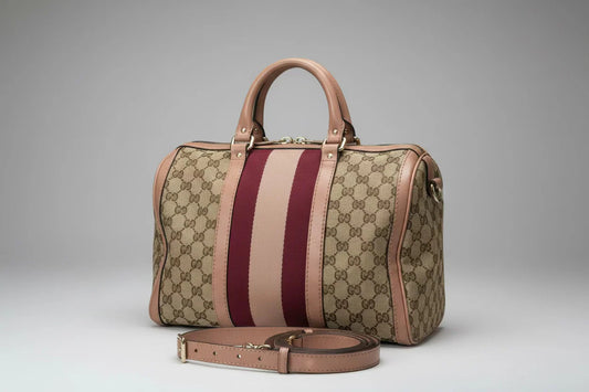 Gucci Rare Vintage GG Boston Bag Pink and Burgundy Web Stripe