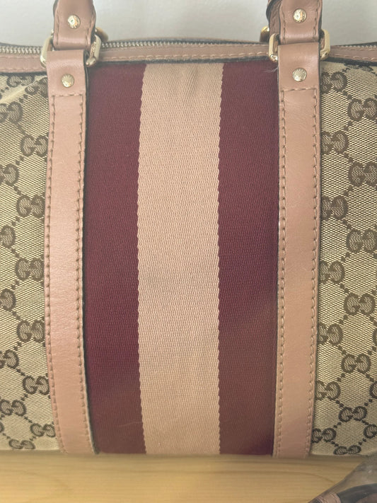 Gucci Rare Vintage GG Boston Bag Pink and Burgundy Web Stripe