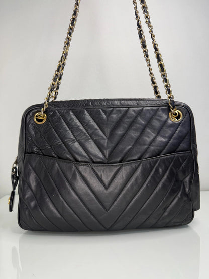 Chanel Vintage Black Lambskin Double Pocket Chevron Handbag 1986-1988