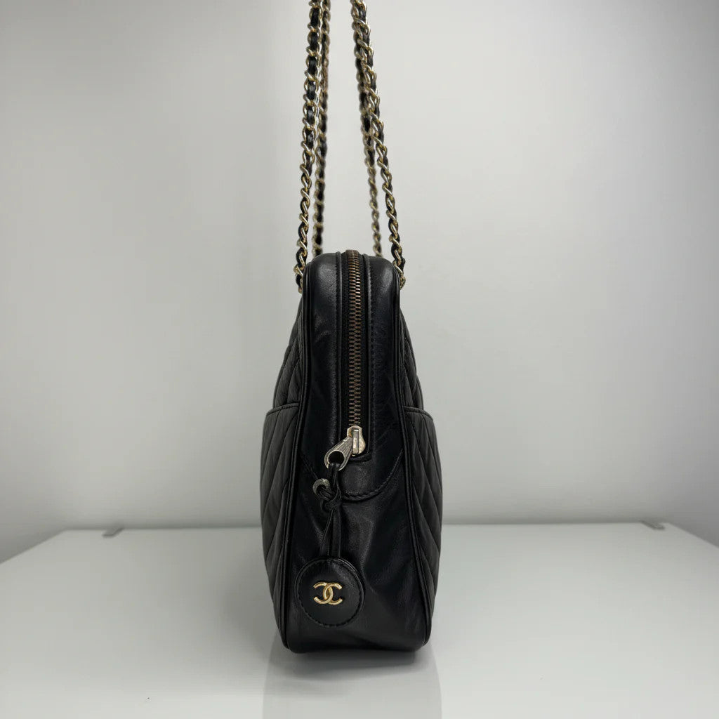 Chanel Vintage Black Lambskin Double Pocket Chevron Handbag 1986-1988