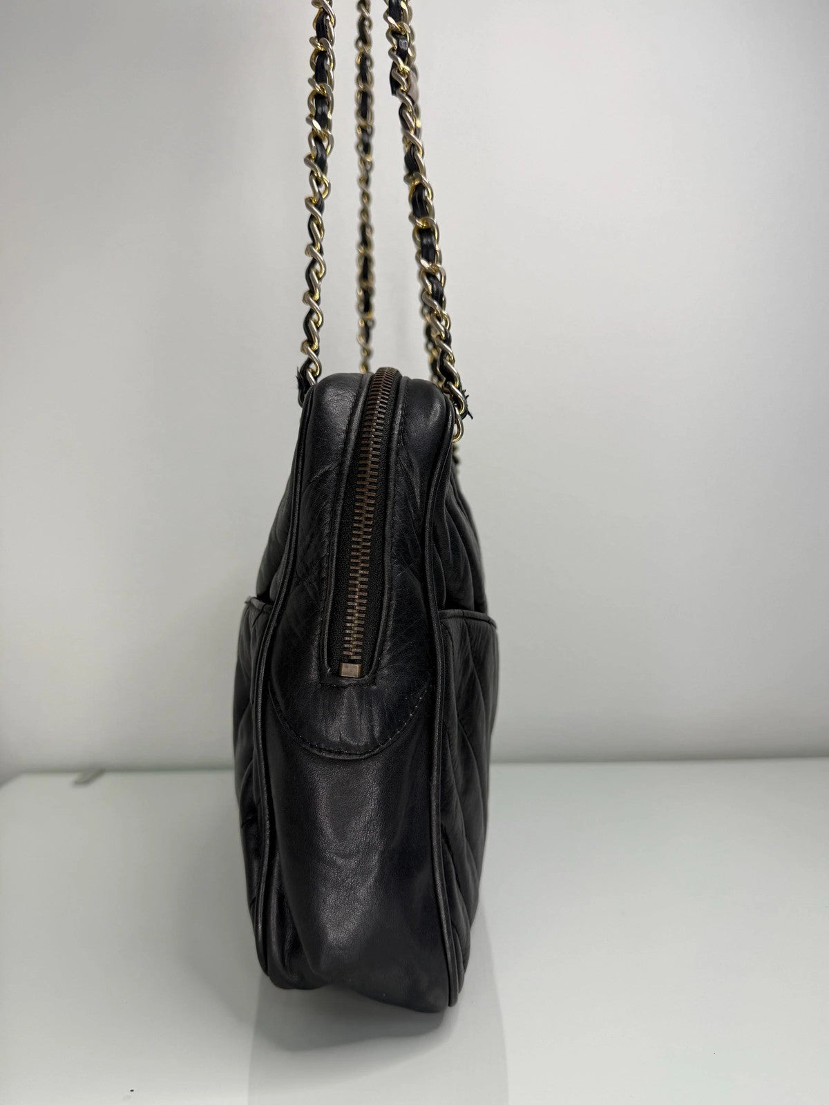 Chanel Vintage Black Lambskin Double Pocket Chevron Handbag 1986-1988
