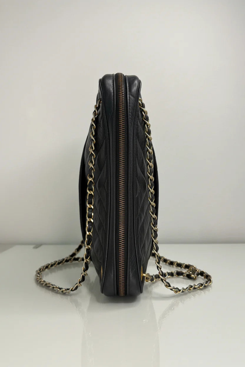 Chanel Vintage Black Lambskin Double Pocket Chevron Handbag 1986-1988