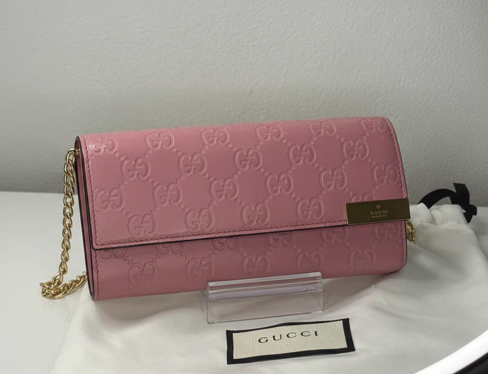 Gucci Guccissima Long Pink Leather Wallet with chain