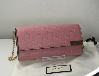 Gucci Guccissima Long Pink Leather Wallet with chain