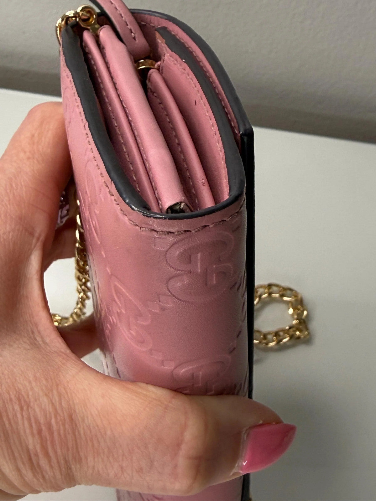 Gucci Guccissima Long Pink Leather Wallet with chain