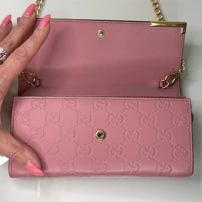Gucci Guccissima Long Pink Leather Wallet with chain