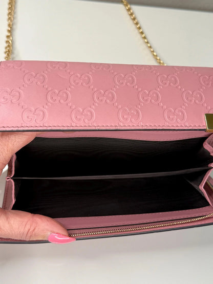 Gucci Guccissima Long Pink Leather Wallet with chain