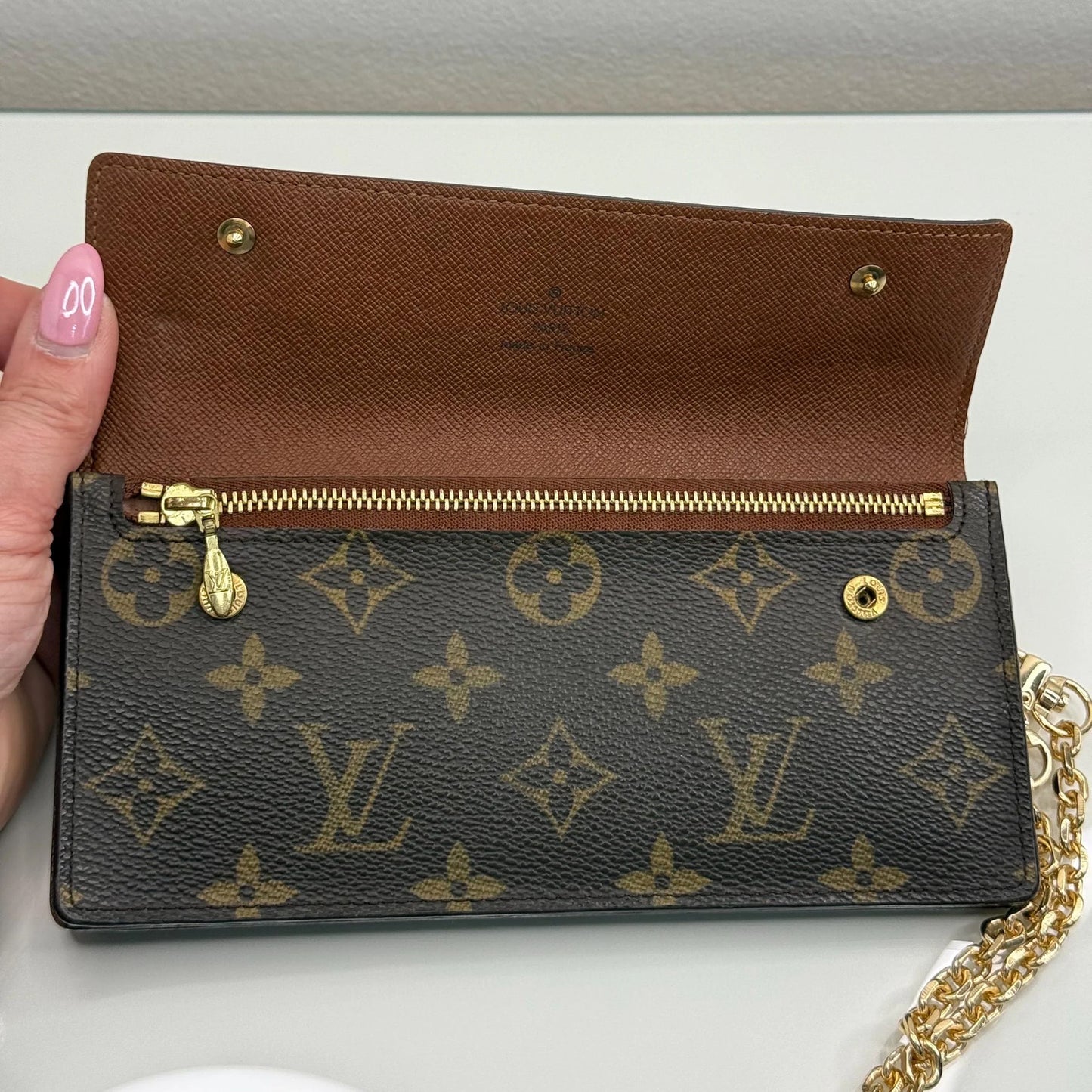 Louis Vuitton Monogram Accordion Wallet with non branded wristlet chain