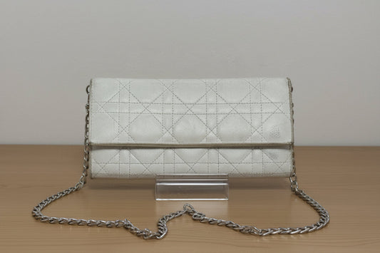 Dior Cannage Lady Dior Off White Leather Wallet with Chain