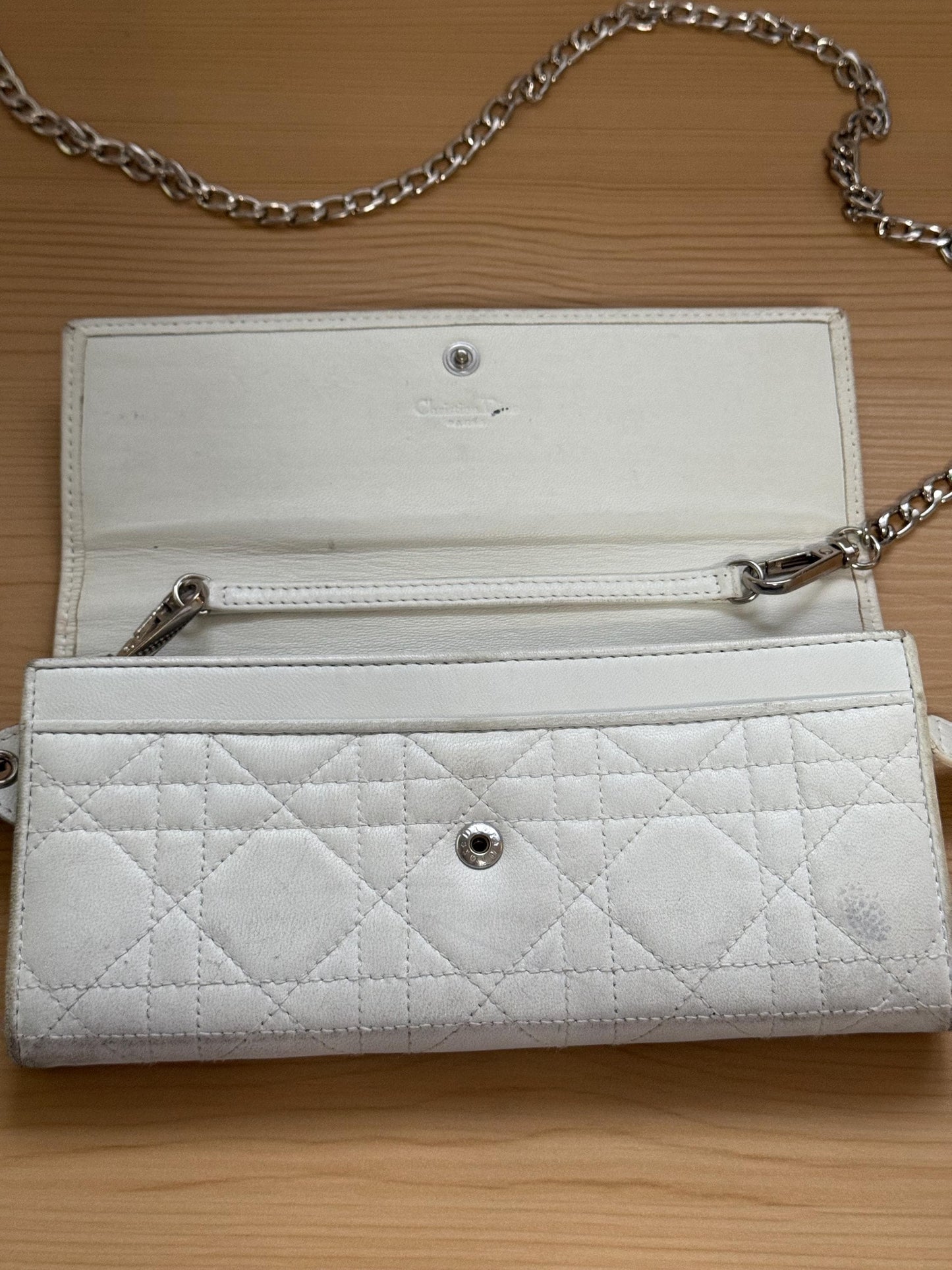 Dior Cannage Lady Dior Off White Leather Wallet with Chain