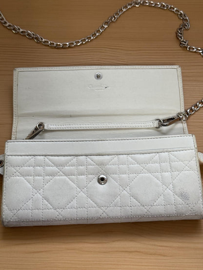 Dior Cannage Lady Dior Off White Leather Wallet with Chain