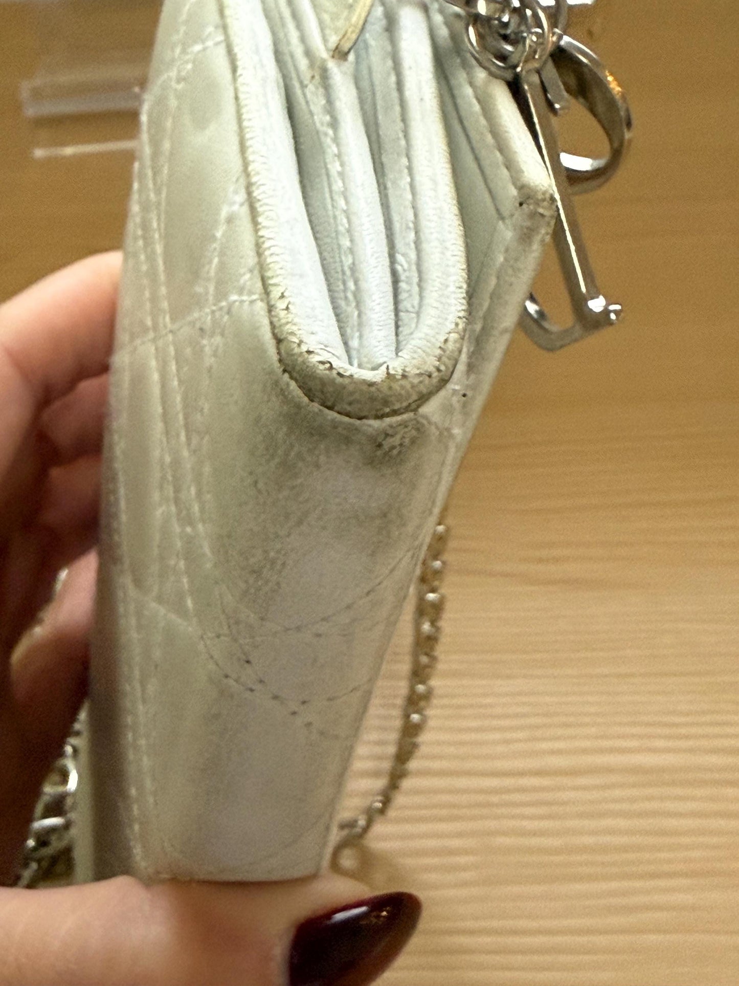 Dior Cannage Lady Dior Off White Leather Wallet with Chain