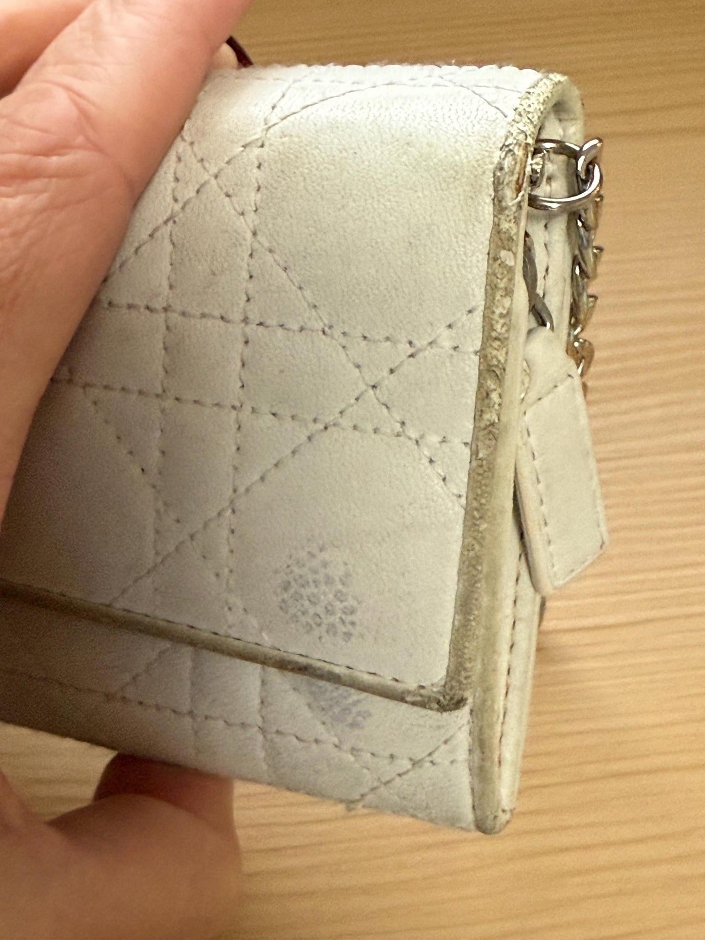 Dior Cannage Lady Dior Off White Leather Wallet with Chain