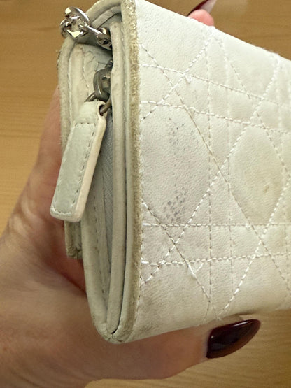 Dior Cannage Lady Dior Off White Leather Wallet with Chain