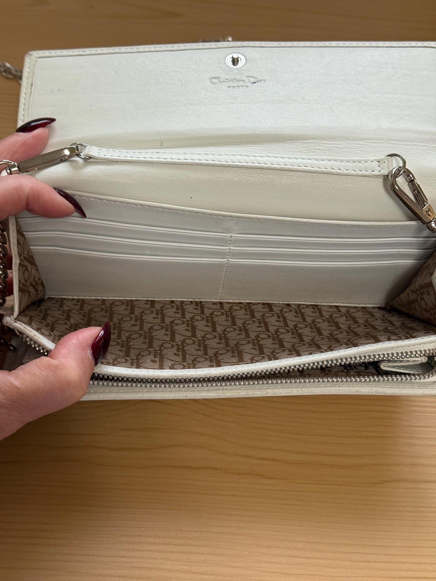 Dior Cannage Lady Dior Off White Leather Wallet with Chain