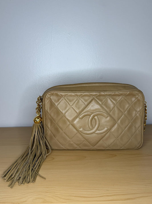 AUTHENTIC Vintage Chanel Beige Lambskin Leather Camera Bag