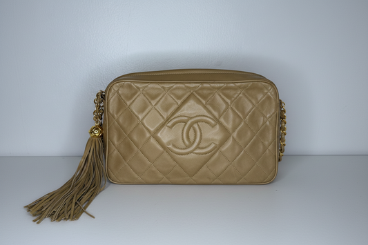 Chanel Vintage Beige Lambskin Leather Camera Bag