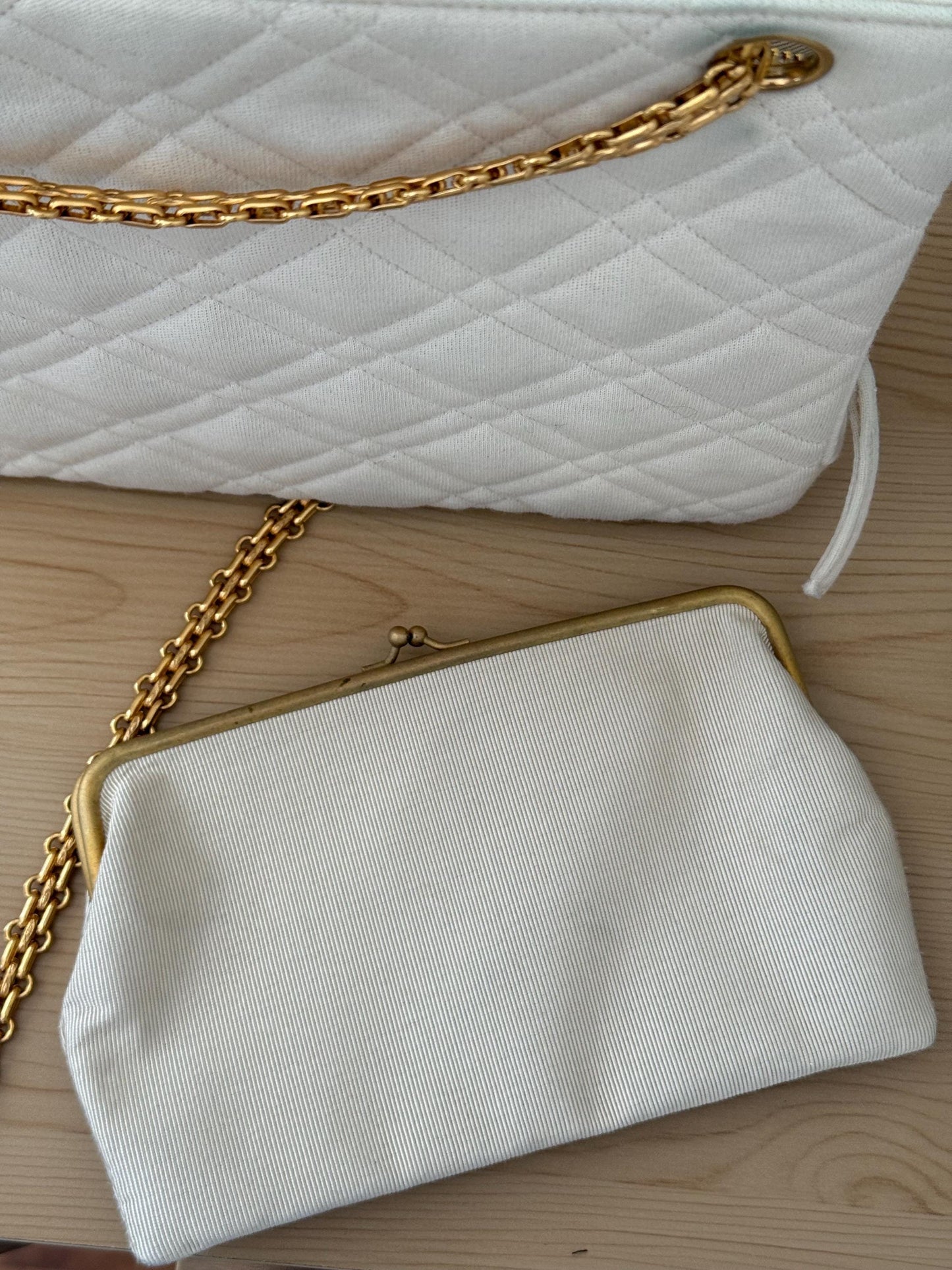 AUTHENTIC Vintage Chanel Mademoiselle Bijoux Chain Cream Cloth Shoulder Bag