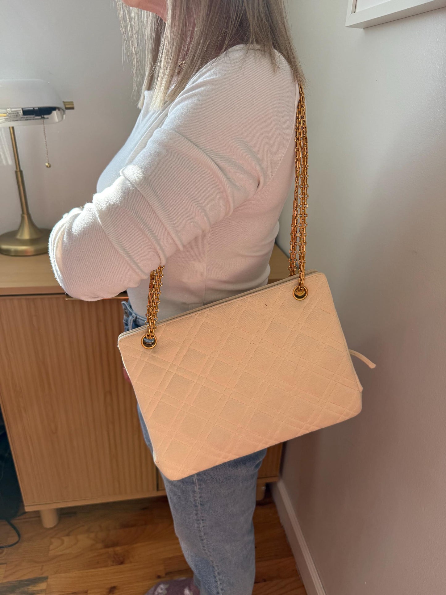 AUTHENTIC Vintage Chanel Mademoiselle Bijoux Chain Cream Cloth Shoulder Bag