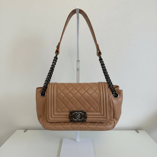 Chanel Boy Accordion Flag Bag Quilted Tan Lambskin with Gunmetal Chain