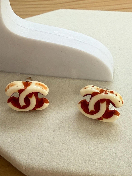 Authentic Vintage Chanel CC pierced Cream and Orange Earrings