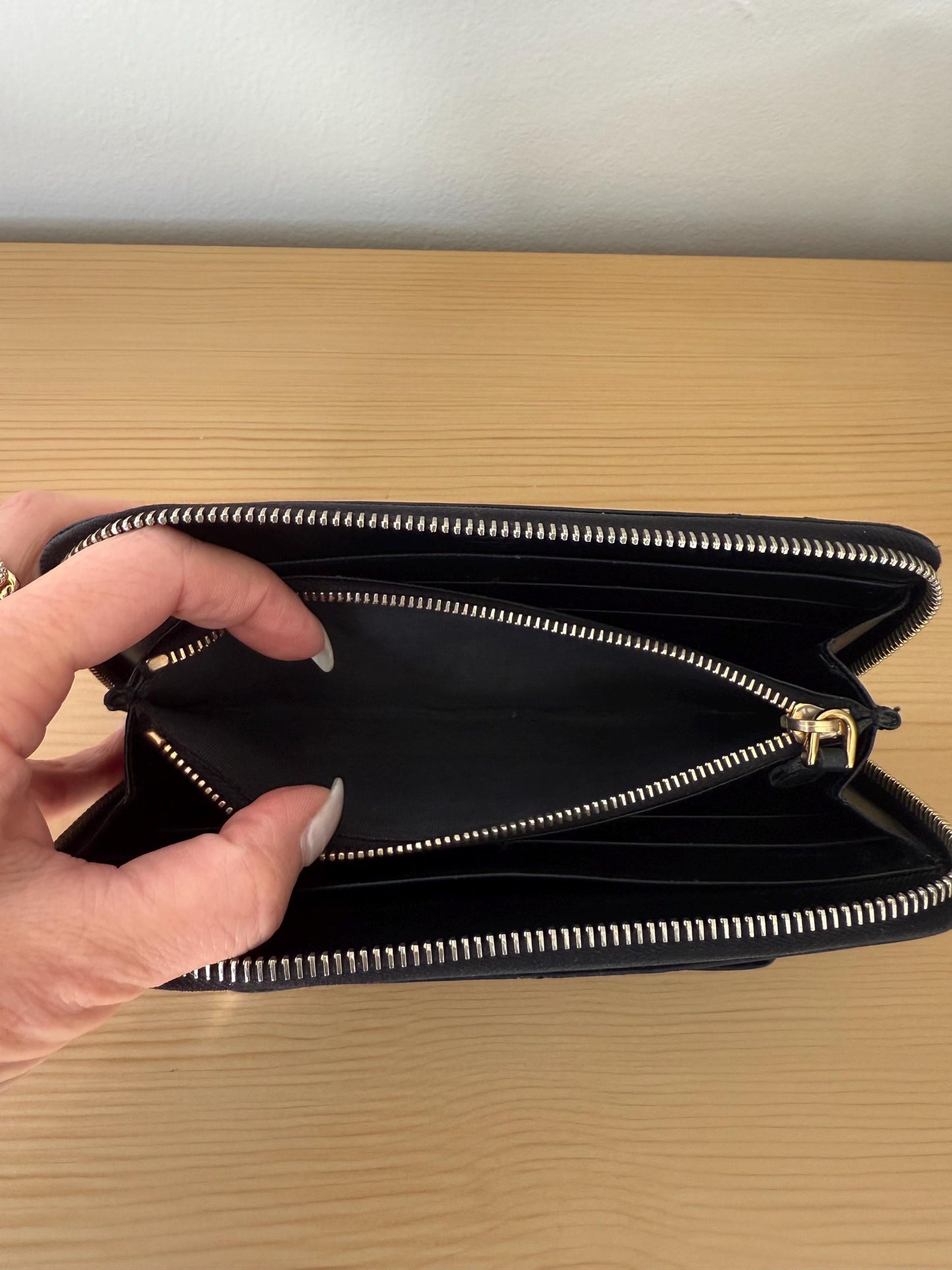 Prada Saffiano Leather Continental Black Bow Zip Around Wallet