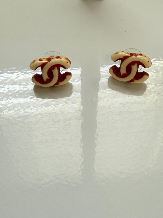 Authentic Vintage Chanel CC pierced Cream and Orange Earrings