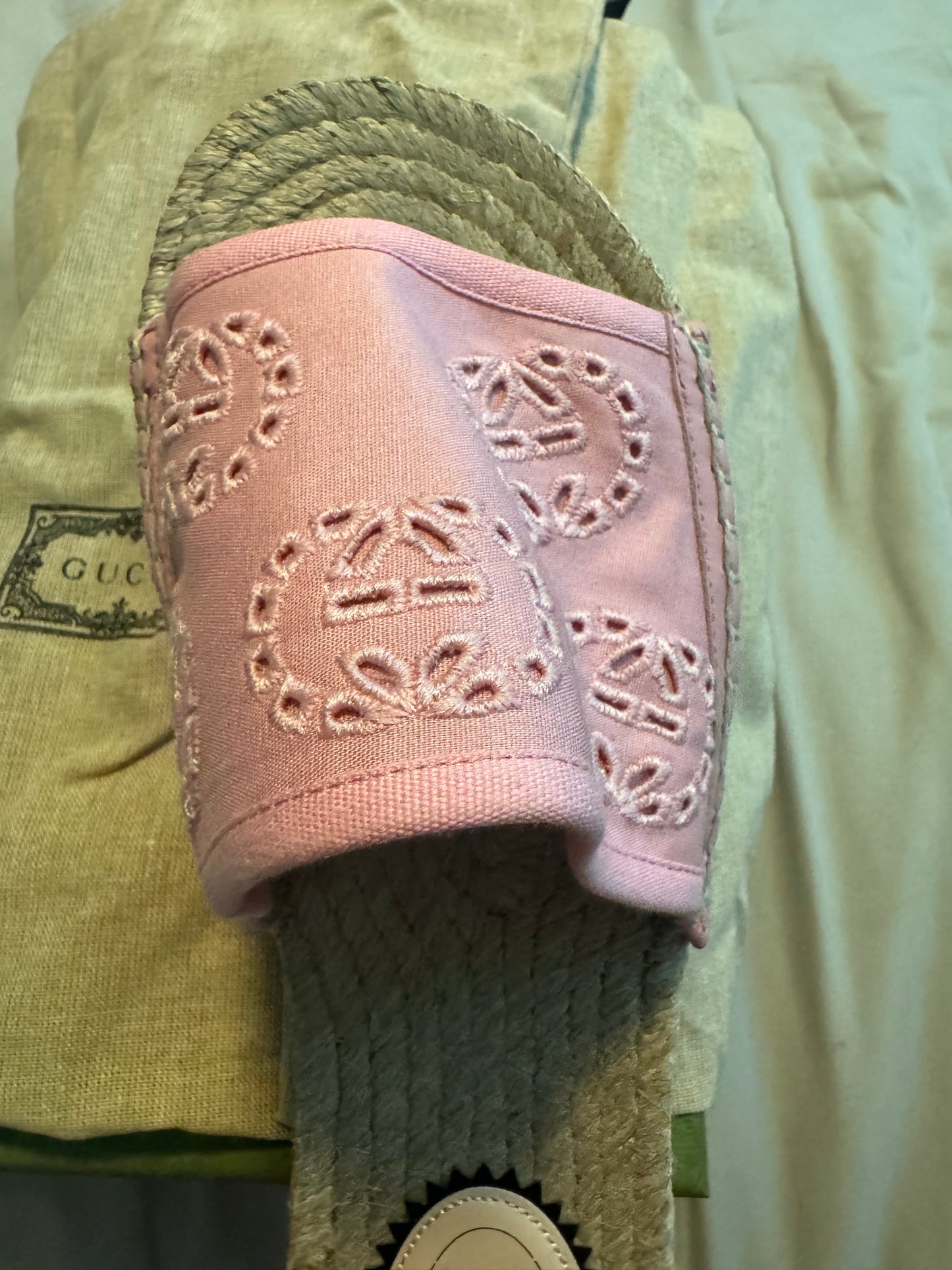 Gucci Damita Pink Logo GG Espadrille Slide Platform Slip on Sandal Shoe 38.5