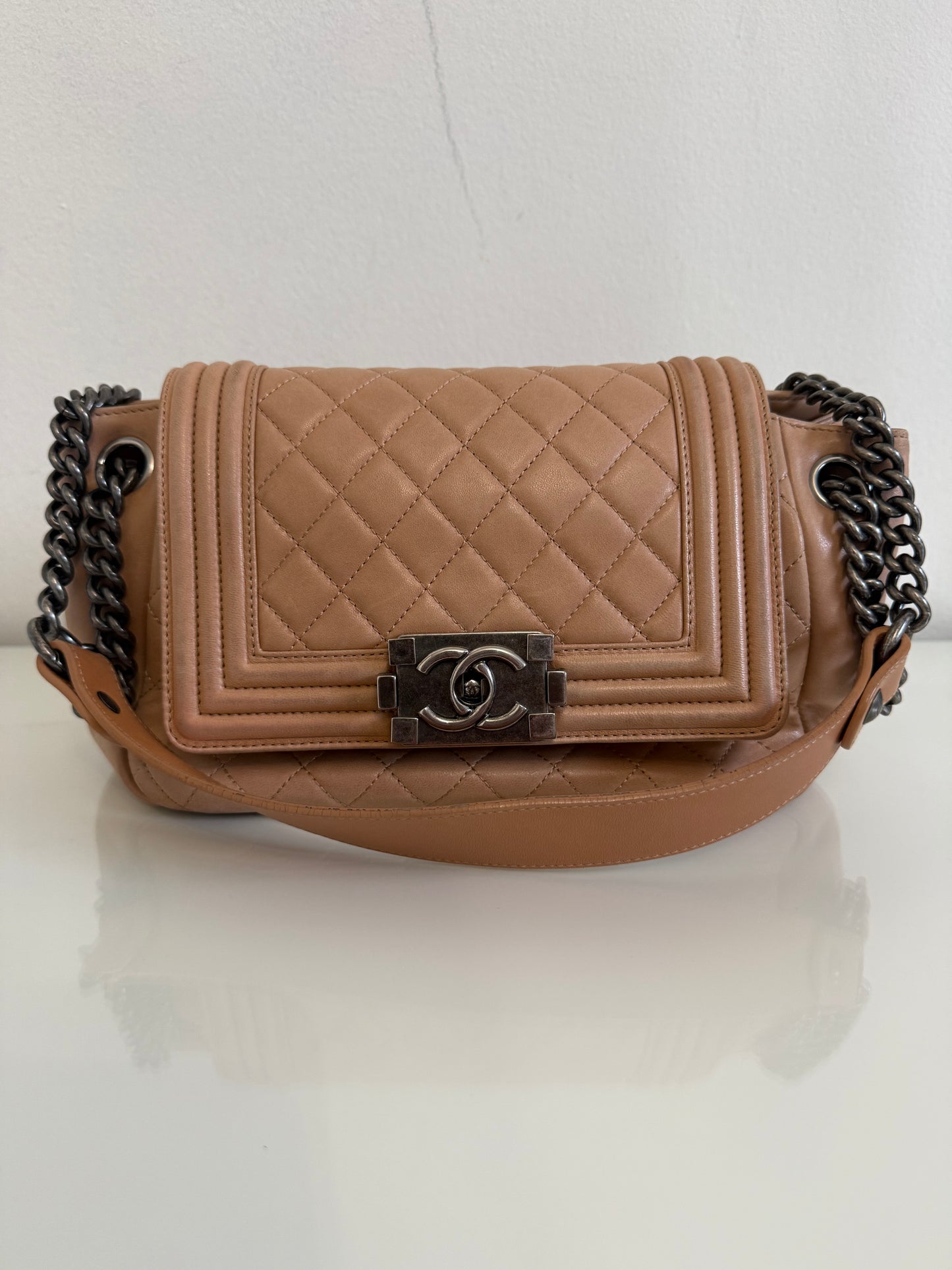 Chanel Boy Accordion Flag Bag Quilted Tan Lambskin with Gunmetal Chain