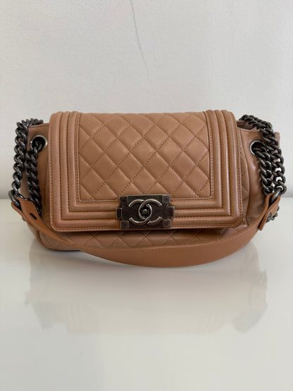 Chanel Boy Accordion Flag Bag Quilted Tan Lambskin with Gunmetal Chain