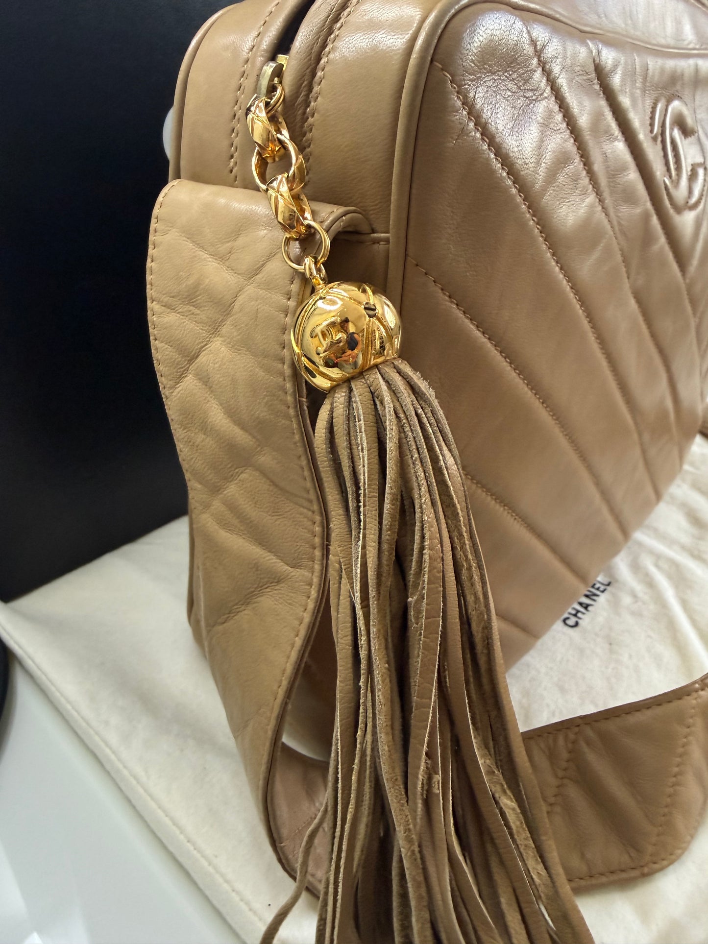 Chanel Vintage Beige Large Lambskin Camera Bag