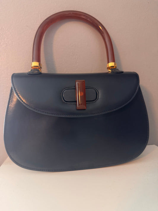 Gucci Vintage Black 1947 Bamboo Top Handle