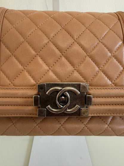Chanel Boy Accordion Flag Bag Quilted Tan Lambskin with Gunmetal Chain