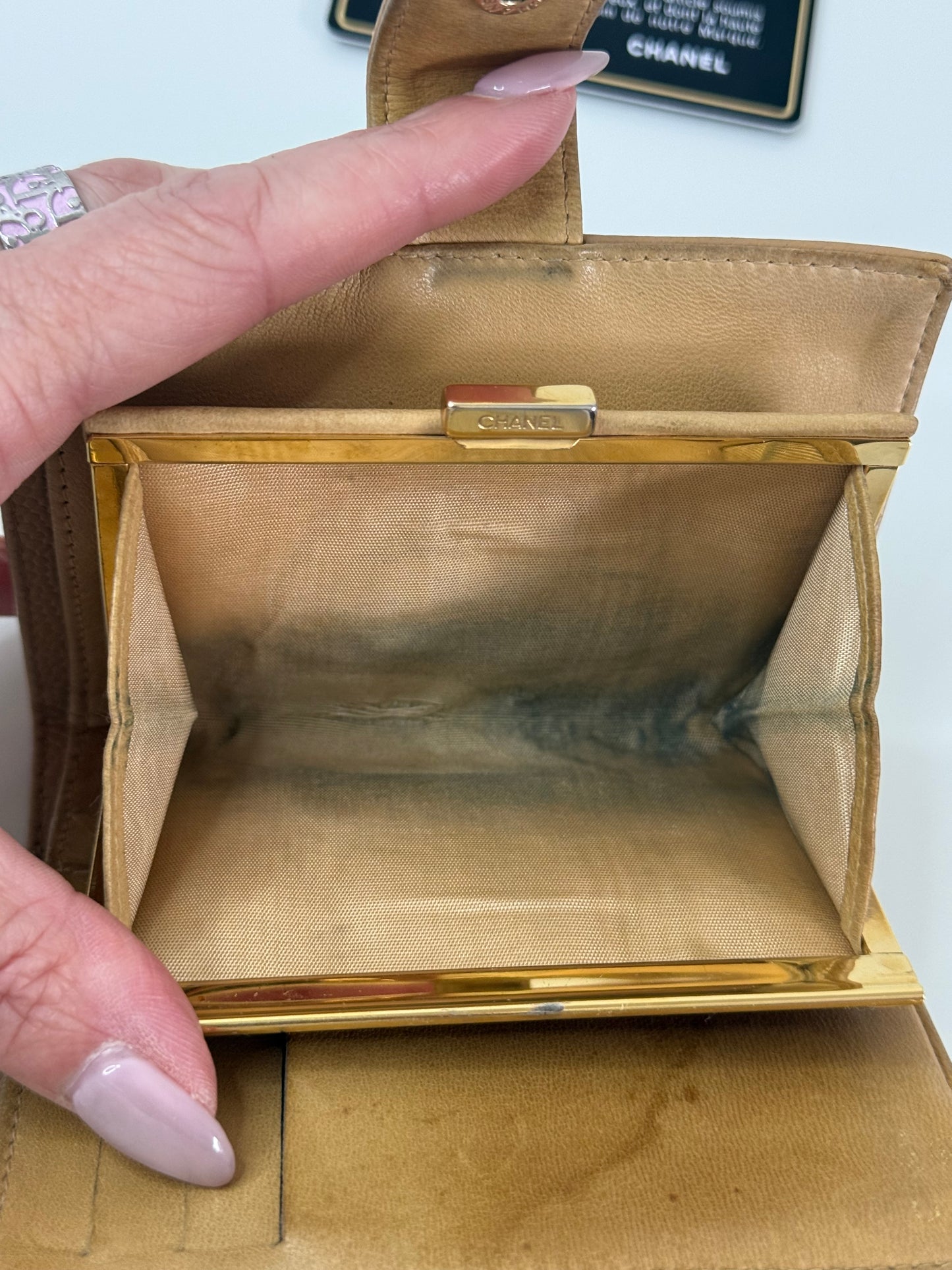 Chanel Beige CC Compact Caviar Leather Wallet