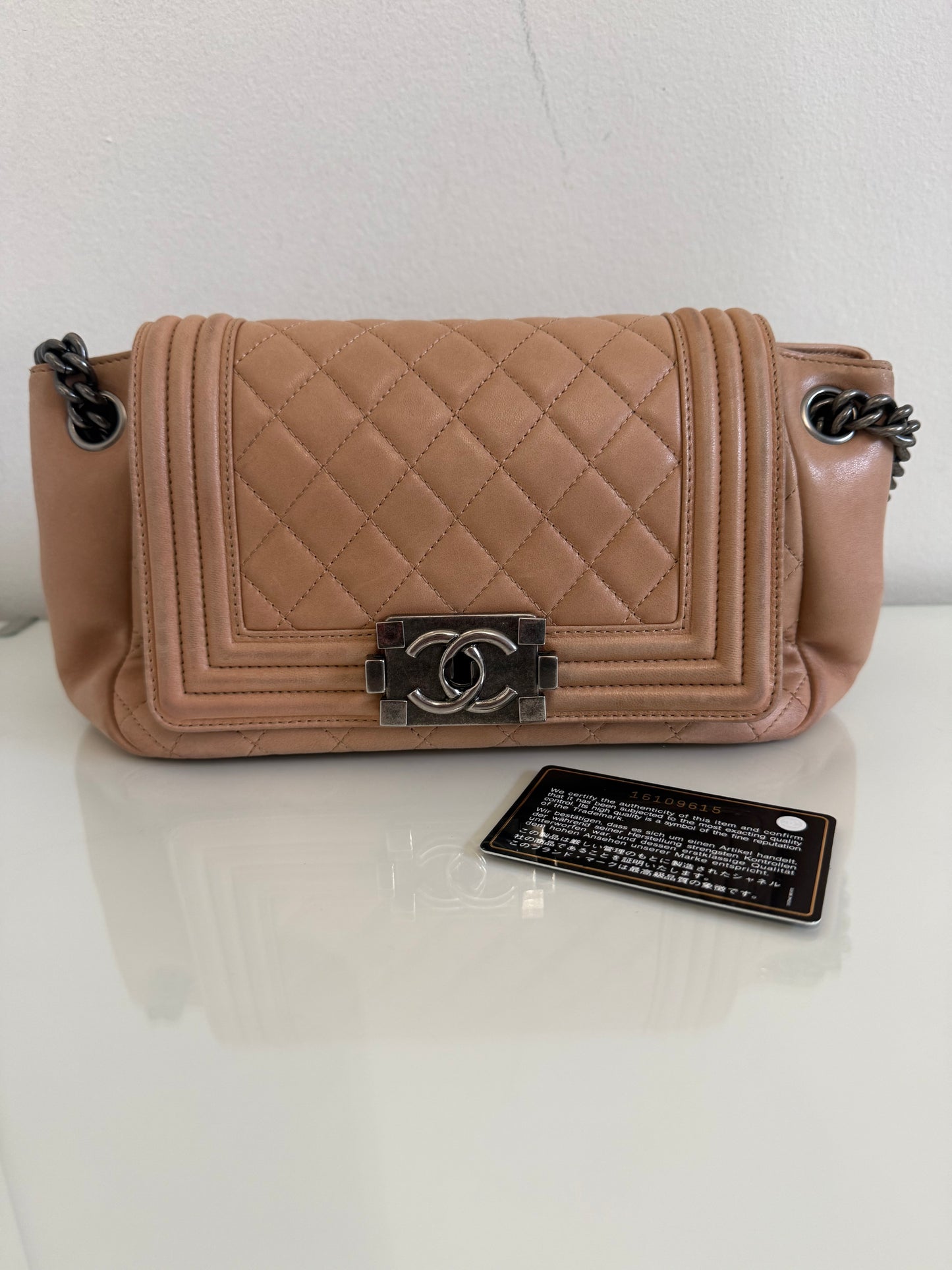 Chanel Boy Accordion Flag Bag Quilted Tan Lambskin with Gunmetal Chain