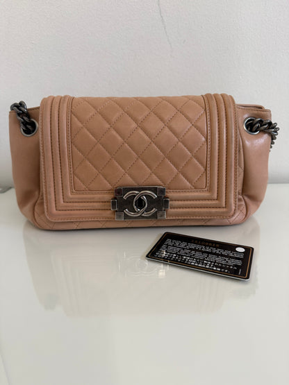 Chanel Boy Accordion Flag Bag Quilted Tan Lambskin with Gunmetal Chain
