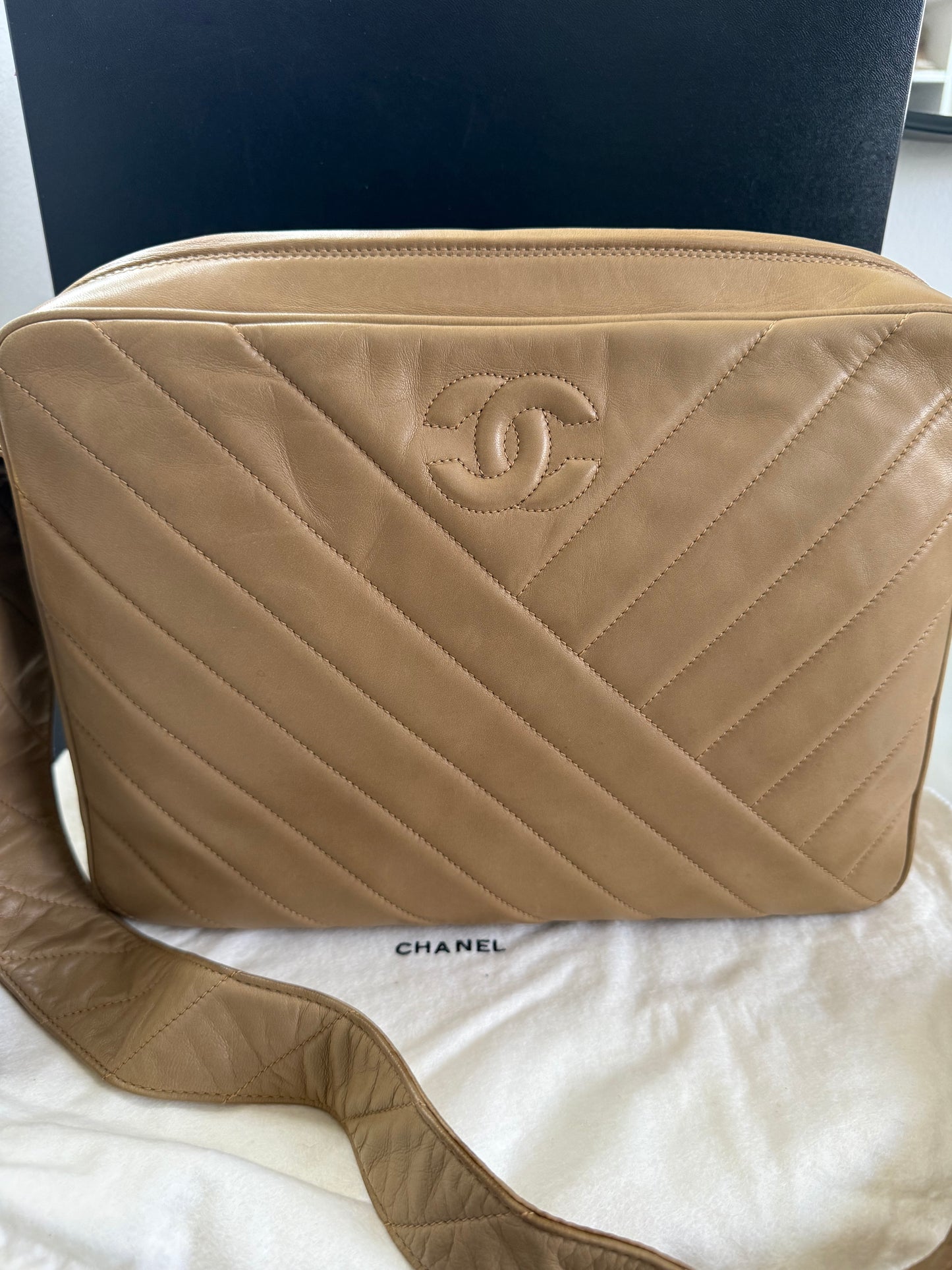 Chanel Vintage Beige Large Lambskin Camera Bag