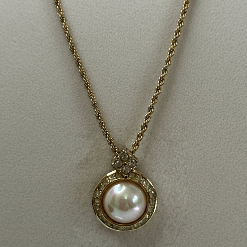 Christian Dior Vintage Round Faux Peal Pendant with Rhinestones